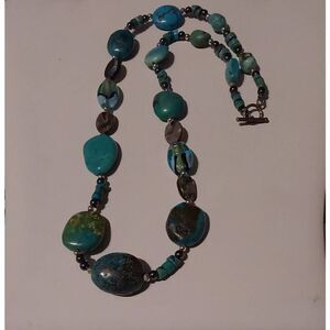 Genuine Turquoise~Abalone ~Hematite & Murano Glass Bead Toggle Necklace